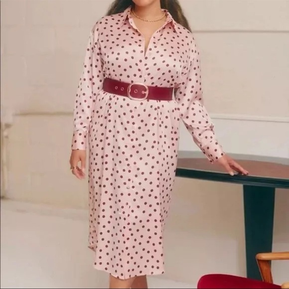 Eloquii Dresses & Skirts - ELOQUII Maxi Shirt Dress Collared Button Down Pink Satin Red Polka Dot Size 14